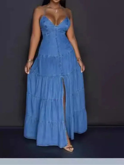 Elegant Sexy Deep V Neck Halter Denim Maxi Dress