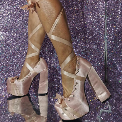 Lace Up Cross Straps Bow Lolita Shoes Women Platform Satin Sandals Sweet High Block Heels Square Toe Thick Bottom Women Pumps
