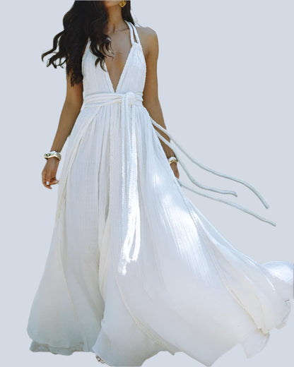 Backless Sexy V Neck Bohemian Long Dress Summer Maxi Sundress Vacation Outfit