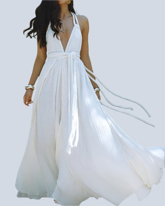 Backless Sexy V Neck Bohemian Long Dress Summer Maxi Sundress Vacation Outfit