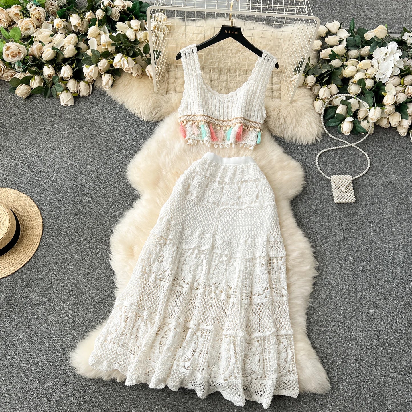 Bohemian Vintage Knit Two Piece Tank Tassels Crop Tops+Loose Hooked Hollow Out Skirt Beach Outfit