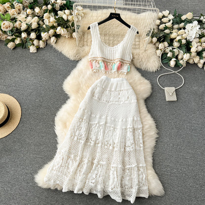 Bohemian Vintage Knit Two Piece Tank Tassels Crop Tops+Loose Hooked Hollow Out Skirt Beach Outfit