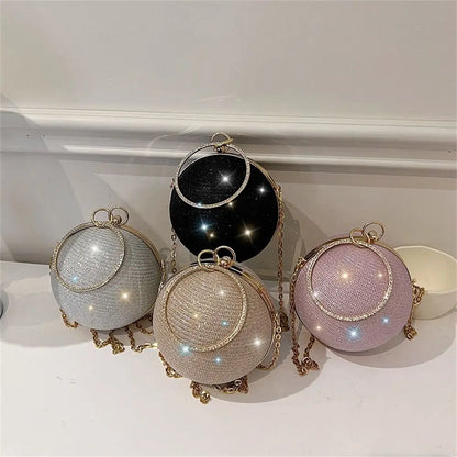 Gold Bright Silk Circular Evening Bag Women Banquet Clutch Rhinestone Chain Shoulder Bags