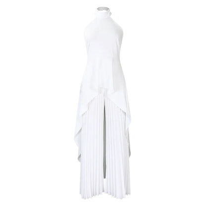 Elegant Two Piece Set Women Outfit Backless Top Hundred Pleated Wide Leg Pants Trousers Suit Summer Office Lady Suit