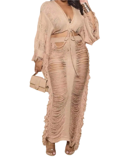 Women's Fringed 2-piece Set Long-sleeved top with fringed cutout sexy and elegant party club outfit