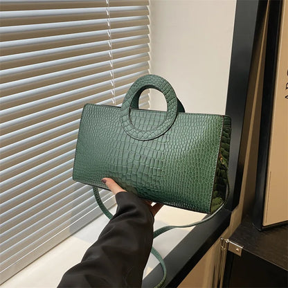 Women's Crocodile Pattern PU Leather Handbags Green Square Bag