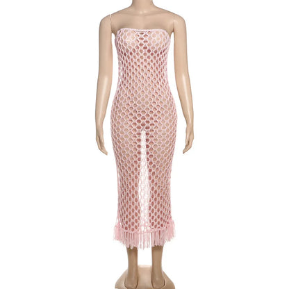 Women Beach Wear 2 Piece Set Sexy Knit Strapless Tassel Hem Dress+Bodysuit Vacation Wear