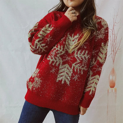 Loose-fit Line Big Snowflake Christmas Sweater Women's Pullover Thickened Crew Neck Sweater