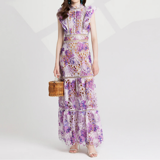Flower Embroidery Maxi Wedding Guest Dress Women Flare Ruffles Sleeve Neck Colorful Long Robe