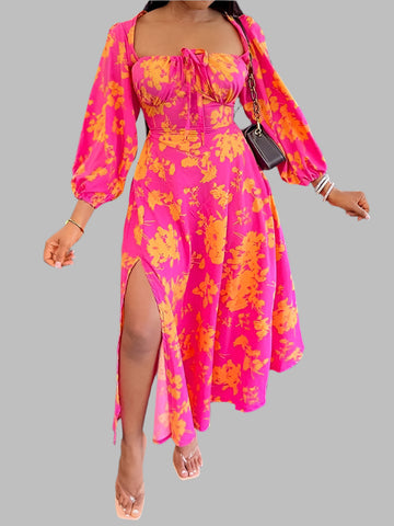 Women High Waist Full Sleeve Long Maxi Dress Summer Floral Printed Cute Dress