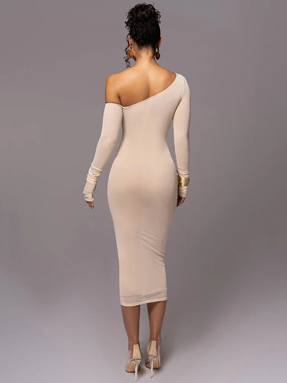 Diagonal Collar Long Sleeve Midi Bodycon Dress For Women Two Layer Mesh