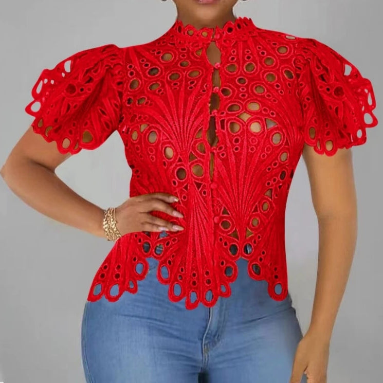 Summer Shirts For Women Elegant Short Sleeve Hollow Out Lace Sheer See Through Top Blouse