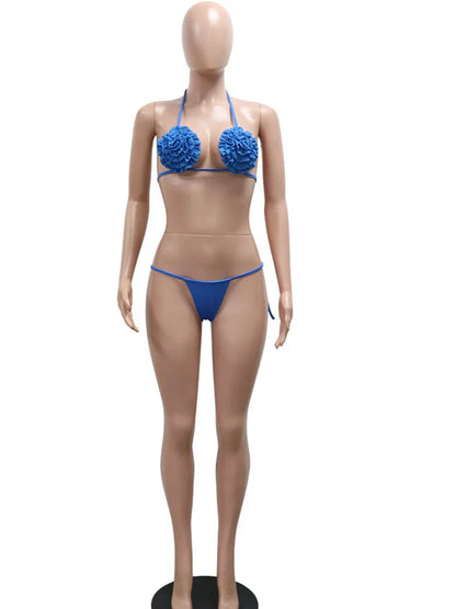 Women's Royal Blue 3D Flower Bikini Set 3 Pieces Outfits Summer Sheer Mesh Beach Cover-Up Set Swimsuits