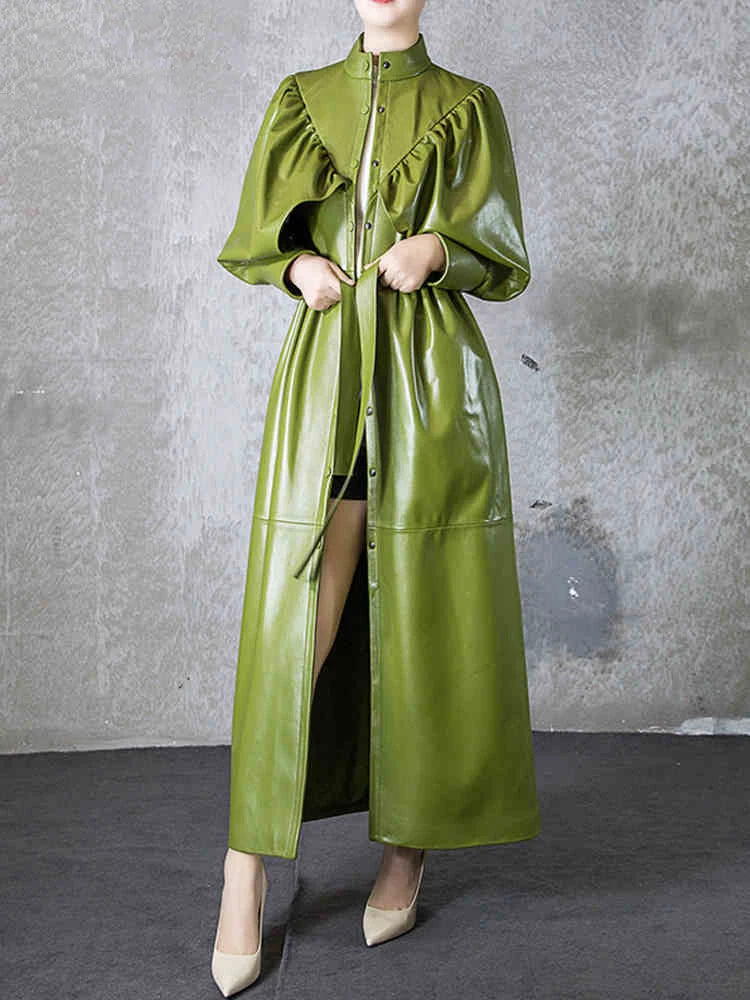Green Black Maxi Soft Faux Leather Trench Coat for Women Luxury Retro Trench Coat