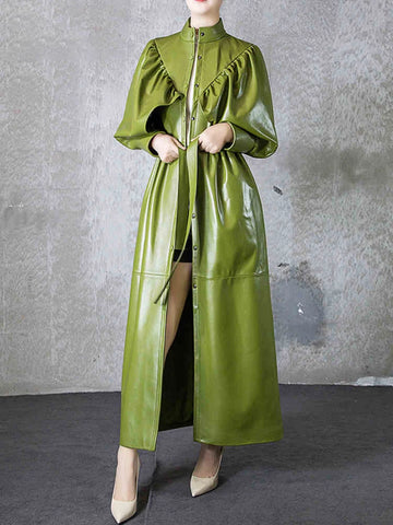 Green Black Maxi Soft Faux Leather Trench Coat for Women Luxury Retro Trench Coat