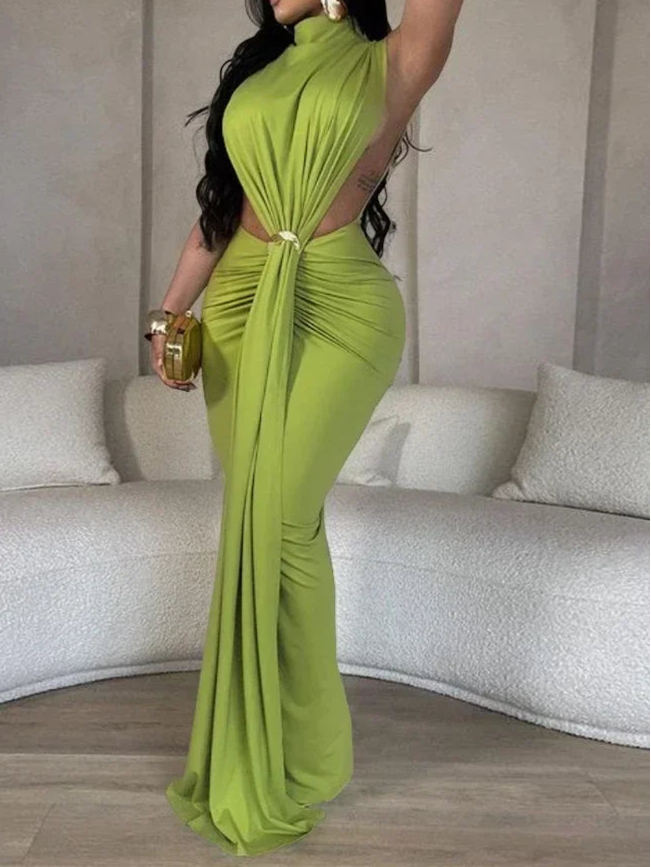 Women O-neck High Split Stacked Bodycon Maxi Dress Evening Party Club Dress