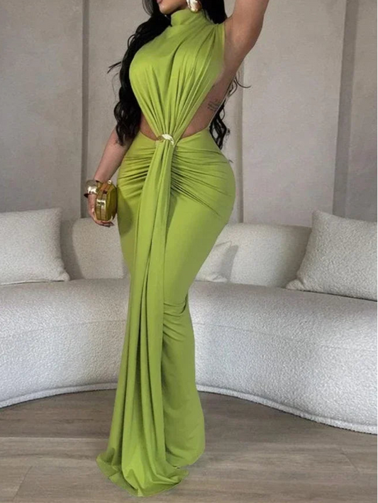 Women O-neck High Split Stacked Bodycon Maxi Dress Evening Party Club Dress