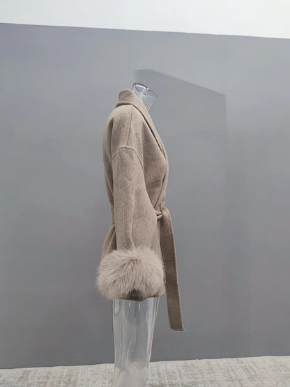 Women Overcoats Fur Patchwork Long Sleeve Woolen Coat