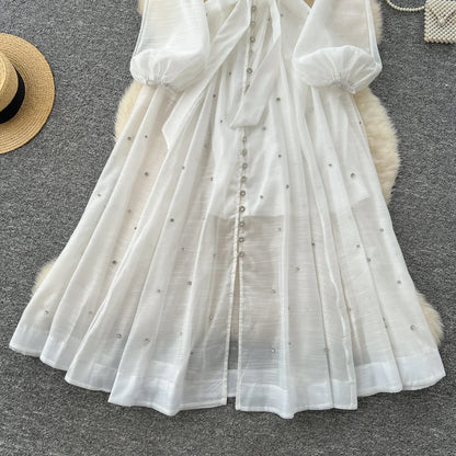Elegant Lantern Sleeves Vintage Stand Collar Chic Single Breasted Rhinestone Bandage Slim High Street Long Dresses