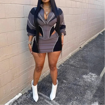 Color Block Two Piece Set For Women Casual Zip Lantern Sleeve Irregular Crop Jacket + High Waist Skirts Suit