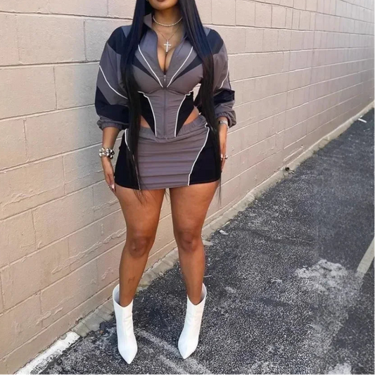 Color Block Two Piece Set For Women Casual Zip Lantern Sleeve Irregular Crop Jacket + High Waist Skirts Suit