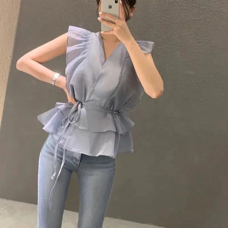 Lace Up Top Ruffled V-neck Sleeveless Shirts Blouse for Women