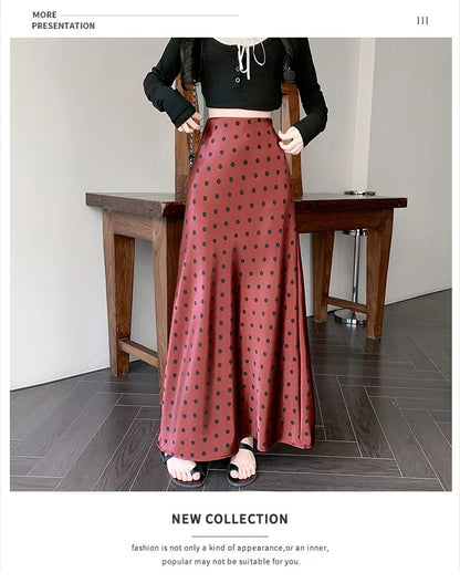 Polka Dot Satin Skirt Women's High Waist Versatile Elegant Dot Long Skirt