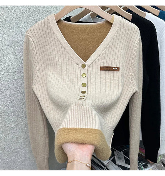 Thick Velvet V-neck Sweater Women Korean Fashion Lined Warm Knitted Pullover