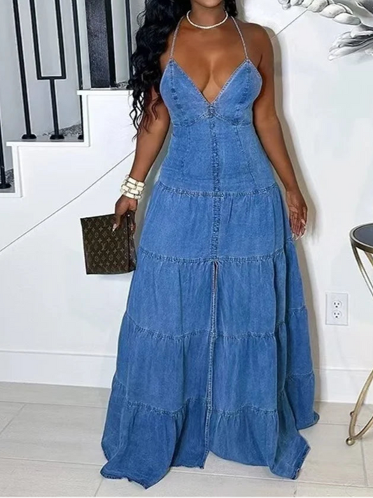 Elegant Sexy Deep V Neck Halter Denim Maxi Dress