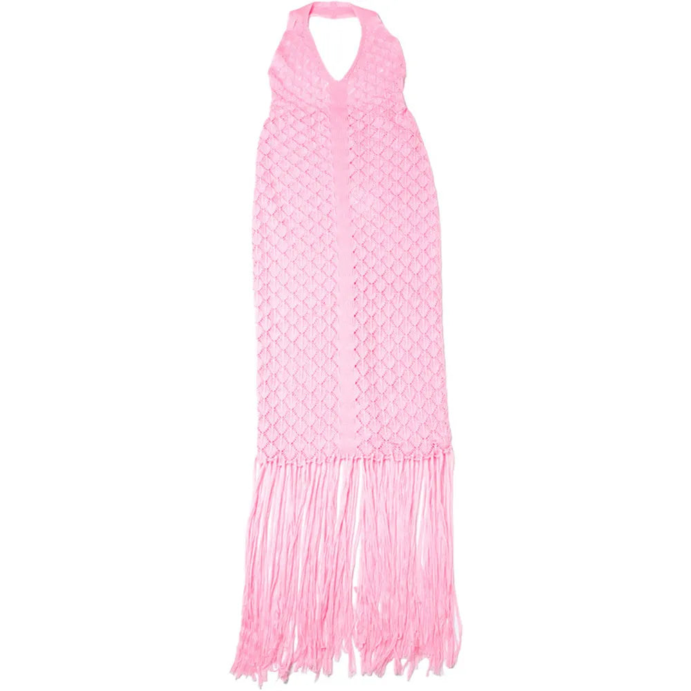 Sexy Deep V Neck Halter Tassel Women Knitted Long Bodycon Dress Maxi Dress