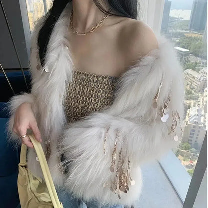 Faux Fur Grass Sequined Tassels Coat Women's Short Beaded Fringed Bomber Jacket