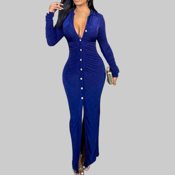 Women Velvet Button Up High Slit Maxi Bodycon Dress