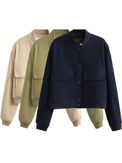 Solid Bomber Jackets Coat With Pockets V-Neck Single Breasted Long Sleeves Jacket