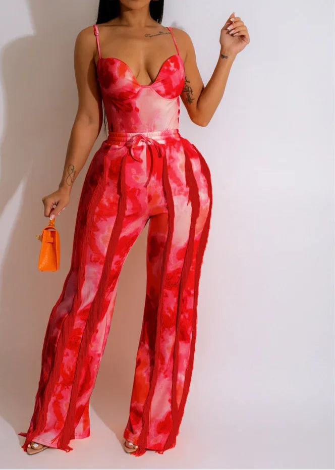 Tie Dye Printing Two Piece Set for Women Pant Sets Birthday Outfits Clubwear Bodysuit Top and Fringe Tassel Pants Matching Sets
