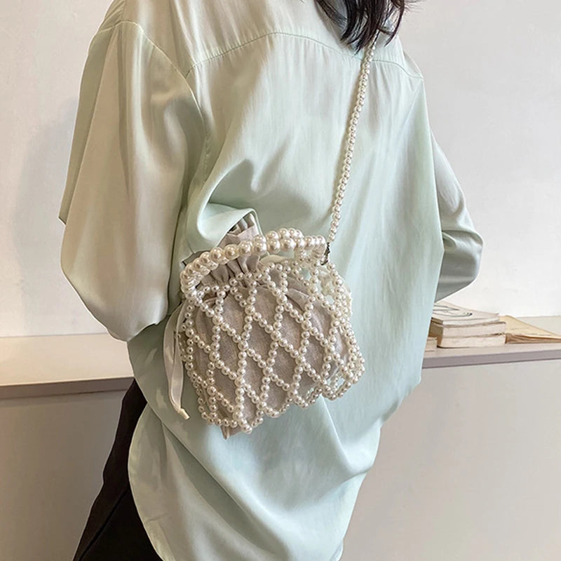 Luxury Pearl Women Bucket Tote Bag Woven Pearl Crossbody Bags for Women Small Wallet