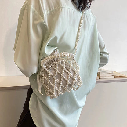 Luxury Pearl Women Bucket Tote Bag Woven Pearl Crossbody Bags for Women Small Wallet