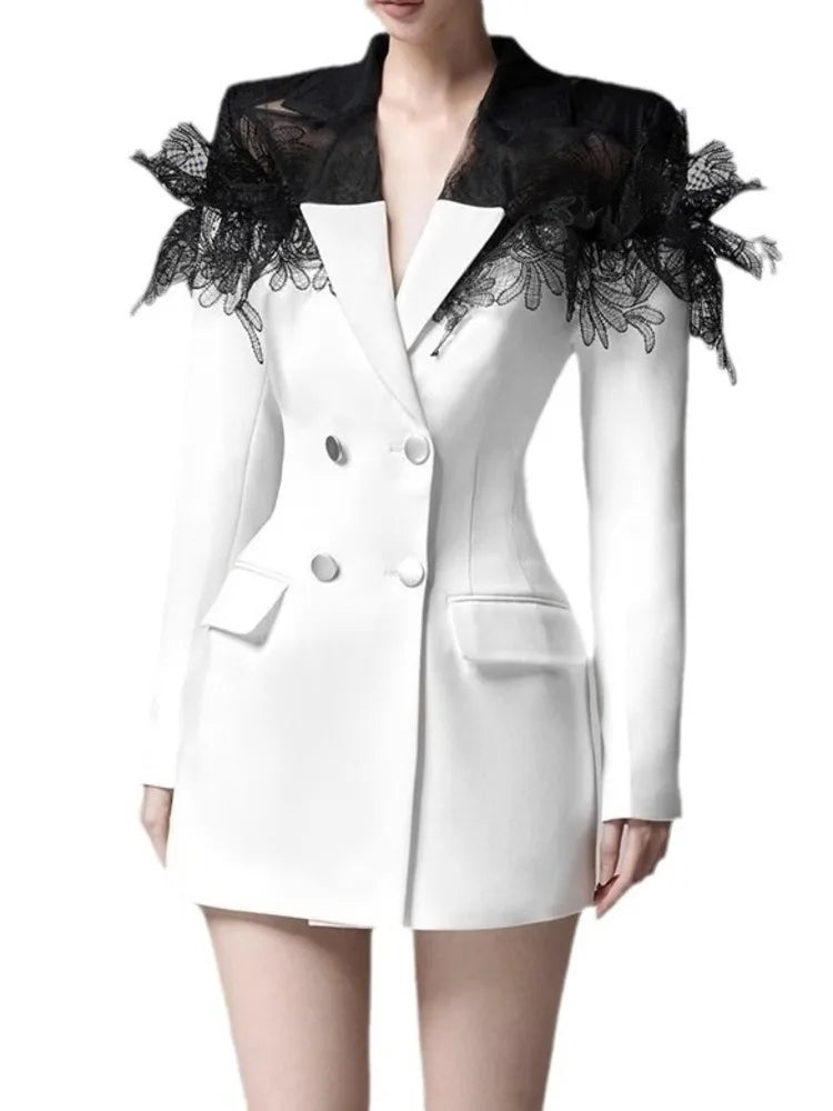 Lace Patchwork Design Women's Blazer Dress Suit