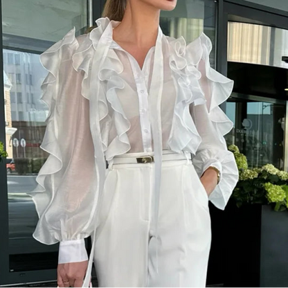 Women Ruffles Shirt Blouses Office Wear Long Lantern Sleeves Sheer Mesh Fabric Blouse