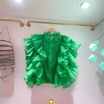 Women Blouse Shirts Stand Collar Y2k Tops Ruffles Lace Sexy Blouses