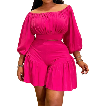 Plus Size Women's Set Long Sleeve Slash Neck T-Shirt and Shorts Summer Two 2 Piece Set