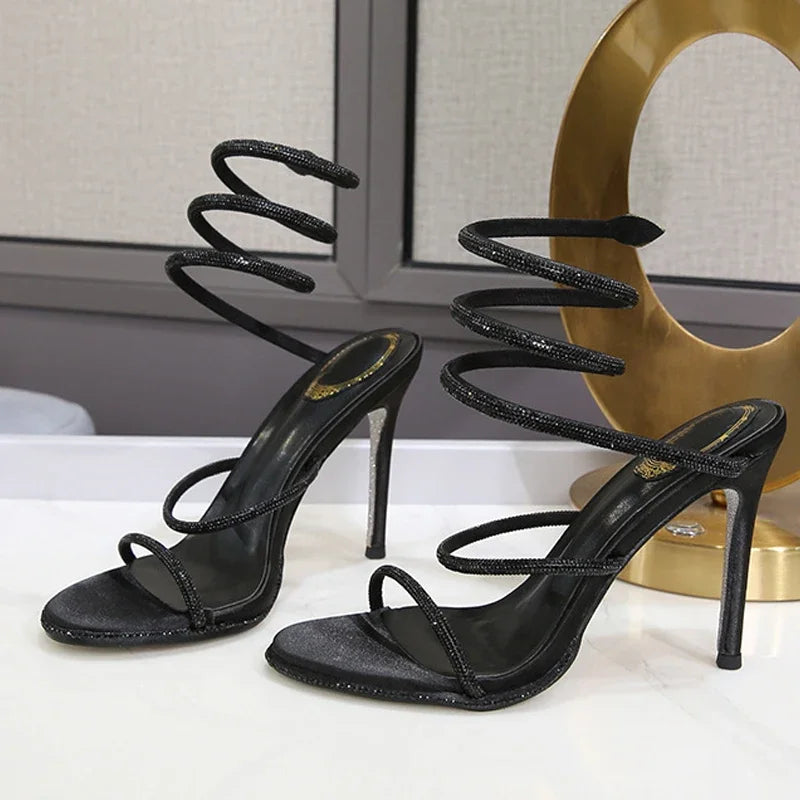 Crystal Snake Ankle Strap Women Sandals Sexy Open Toe Thin High Heels Party Prom Shoes