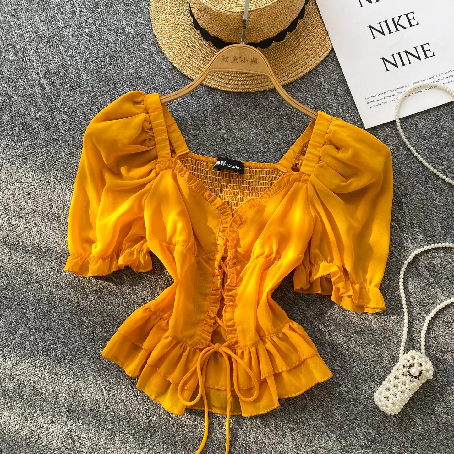 French Style Chiffon Blouse Square Neck Short Sleeves Ruffles Lace Up Beach Top