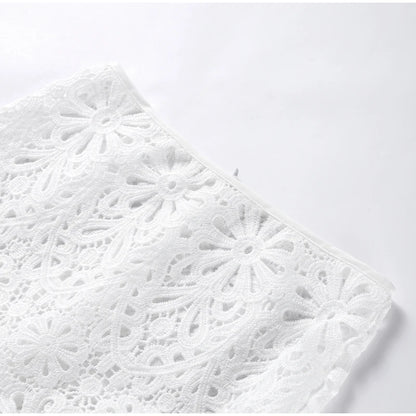 Summer Vacation See Through Crochet Top Women Set Hallow Out Flare Long Sleeve Skirts Set