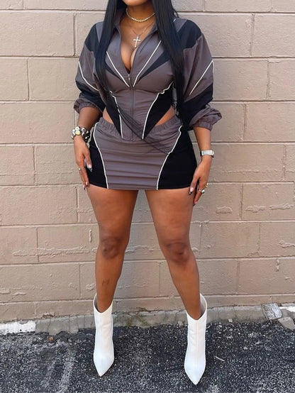 Color Block Two Piece Set For Women Casual Zip Lantern Sleeve Irregular Crop Jacket + High Waist Skirts Suit