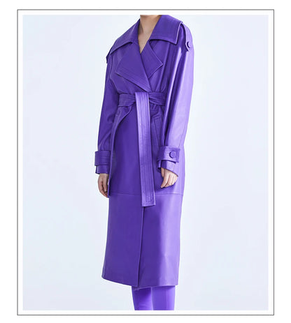 Elegant Purple Colored Faux Leather Trench Coat for Women Sashes Runway Coat