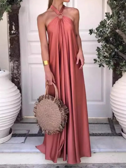 Women's Sexy Sleeveless Hanging Neck Hollow Satin Suspender Maxi Backless Dress