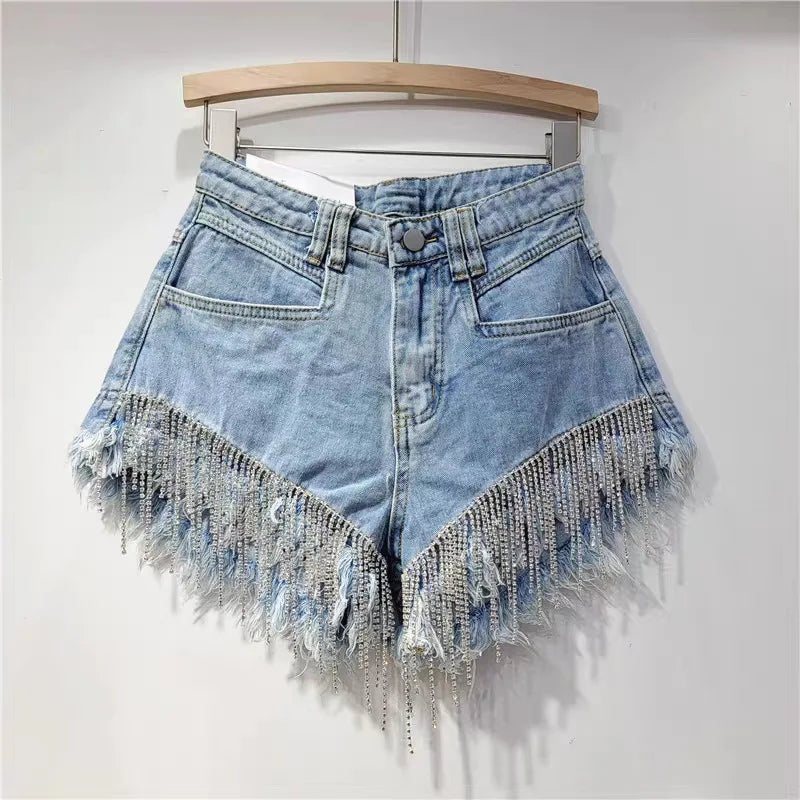 Denim shorts women's heavy industry rhinestone design high waist hot pants