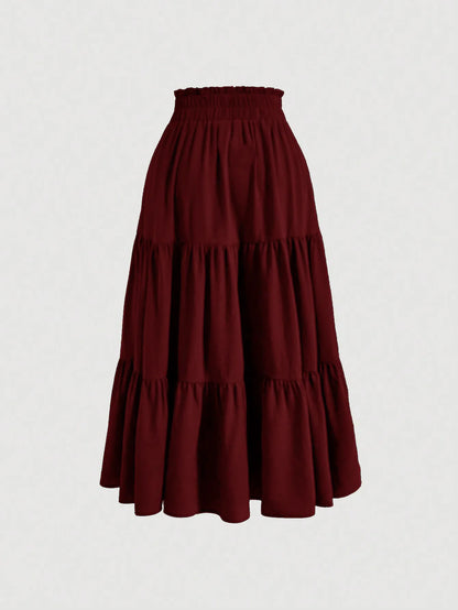 Women's Patchwork Solid Color Loose Skirt; Commuting Casual Cake Skirt; Elastic Waist Elegant Skirt
