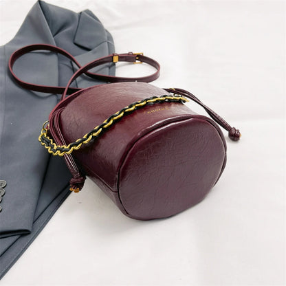 Retro Bucket Crossbody Bags For Women Oil-waxed Leather 2-IN-1 Chain Shoulder Bag