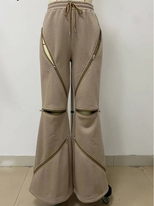 Flare Pants Women Black Brown Drawstring Zipper Patchwork Loose Pants